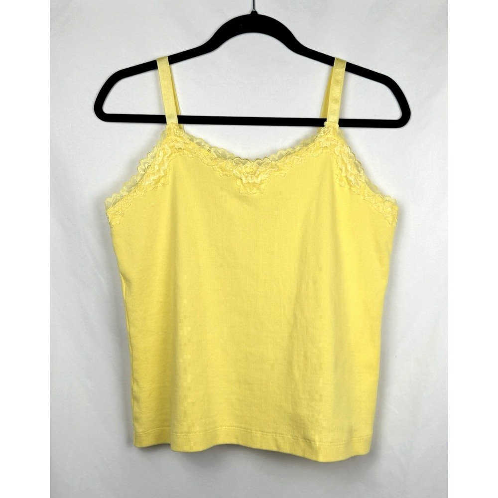 Chicos Yellow Lace Trim Cami Tank Top Size 2 XL Y2K Ribbed Cotton Stretch Straps
